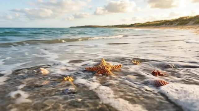 Seashells and starfish scattered on sandy beach, serene coastal summer background with natural textures and relaxing seaside mood, ideal for travel or vacation design, warm sunlight, soft shadows,