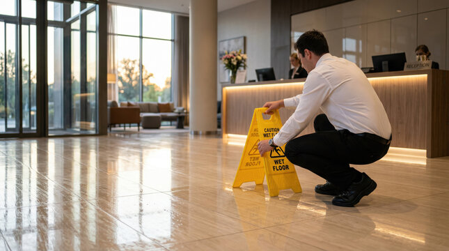 Male hotel staff member in white shirt places caution wet floor sign on polished tile floor in modern lobby with large windows and reception desk in background