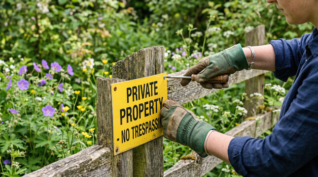 Individual wearing gloves affixes a yellow private property sign to a wooden fence surrounded by vibrant flowers and greenery in a rural outdoor setting