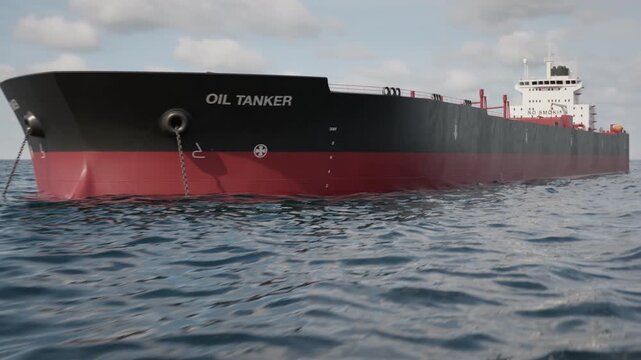 Camera orbits around an anchored crude oil super tanker to reveal more anchored ships. Aerial view of oil tankers anchored offshore in the ocean. Strait of Hormuz blockade concept. 3d animation render