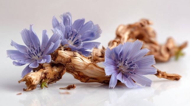 Minimalist still life: chicory roots and blossoms against a pure white background