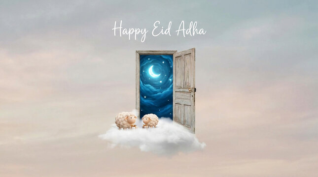 Floating door opening to crescent sky with sheep in playful eid adha scene