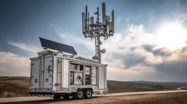 Mobile base station trailer with antenna arrays in an open landscape, selective focus