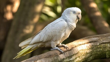 Fototapeta premium A white parrot is perched on a wooden branch.