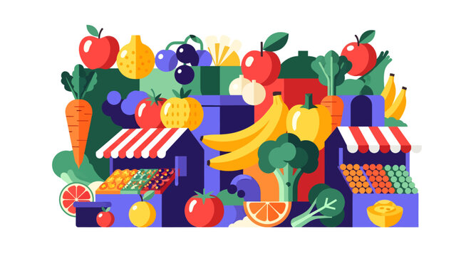 Colorful illustration of fruit and vegetable market stalls