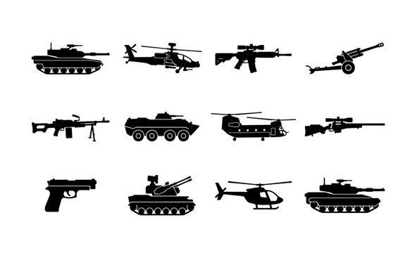 Military vehicle and weapon silhouette icons, set of 12 black army equipment vectors, combat tanks and helicopters, war machinery graphics