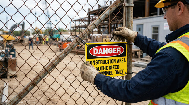 Construction worker in safety gear affixes a danger sign to a chain-link fence at a construction site with machinery and workers visible in the background