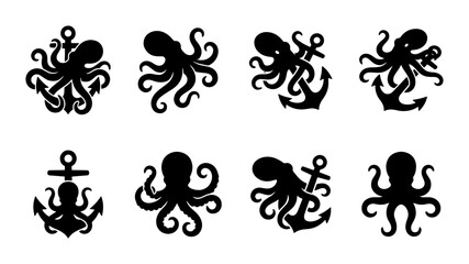 Vintage octopus and anchor silhouette collection, 8 nautical kraken vector icons, black sea monster and ship anchor set for marine branding © Masum