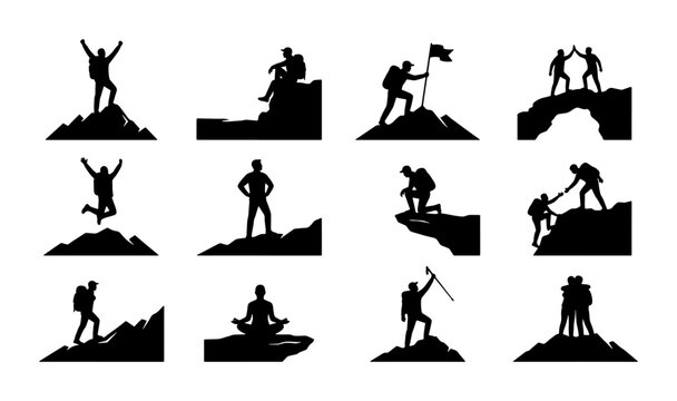 Mountain climber silhouette set, 12 hiking and mountaineering icons, outdoor adventure and peak achievement concepts, black vector graphics on white