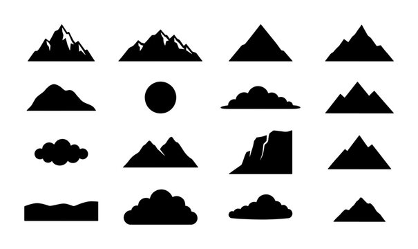 Minimalist mountain silhouette icons, set of 16 black nature vector elements, outdoor adventure peak and cloud symbols for logo design and branding