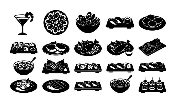 Seafood and sushi icon set, 20 black silhouette food elements, gourmet fish and shellfish vector illustrations for restaurant menus and catering
