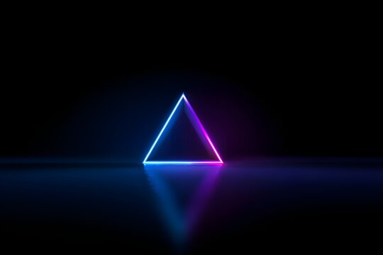 A luminous neon triangle glows with vibrant blue and purple light against a dark, reflective surface, creating a futuristic and abstract visual