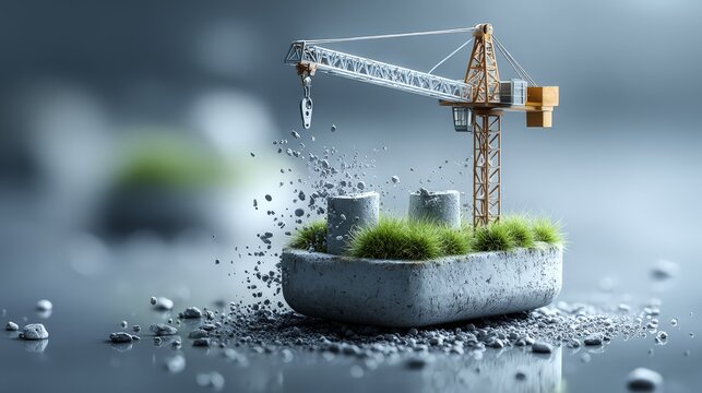 A miniature construction site with greenery and a crane. industrial energy efficiency green factory renewable energy sustainable industry clean technology carbon reduction
