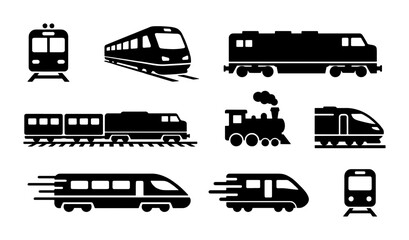 Train icon set with black silhouettes, collection of 9 railway transportation vector symbols, modern high-speed locomotive and vintage steam engine icons © Masum