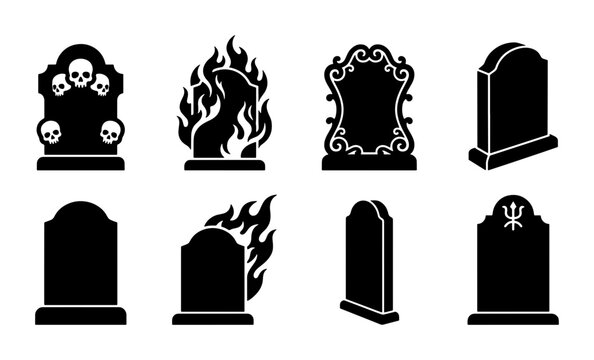 Spooky Halloween gravestone icons set, black tombstone silhouettes with skulls and fire, 8 cemetery headstone vector elements for gothic design