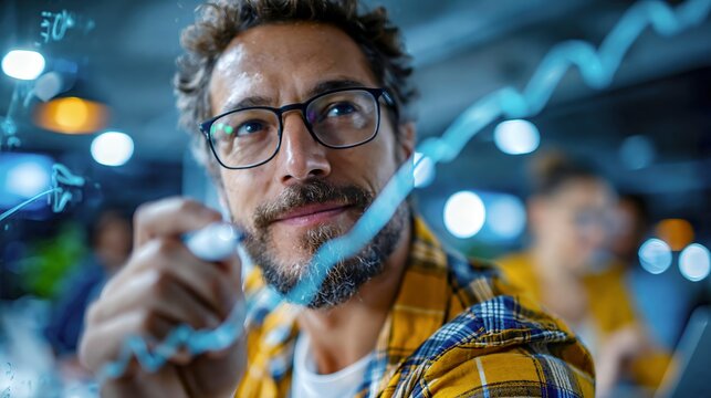 Businessman working on financial growth analysis with charts on a glass board