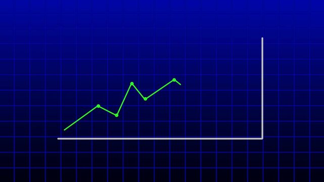 Digital line graph animation. Growth and fluctuation with green data points on a dark blue glowing technological grid background