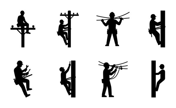 Lineman silhouette icons set, electrical utility worker climbing power poles, electrician maintenance technician silhouettes, 8 vector elements