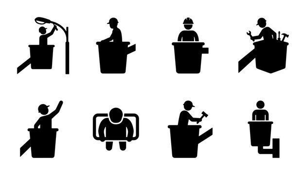 Bucket truck worker icons set, utility technician silhouette collection, 8 industrial maintenance operator vector symbols for electrical and street light repair