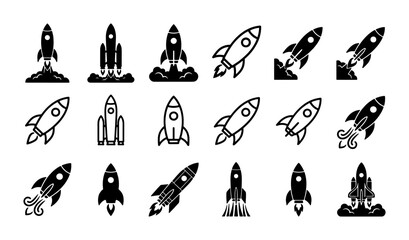 Rocket ship icon set with 18 black and white vector elements, minimalist spaceship launch symbols, flat spacecraft silhouettes for startup and technology projects © Nurjahan