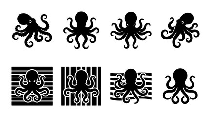 Black octopus silhouette icons set, 8 minimalist sea creature vector illustrations, nautical kraken symbols for marine branding and logo design © Adiba