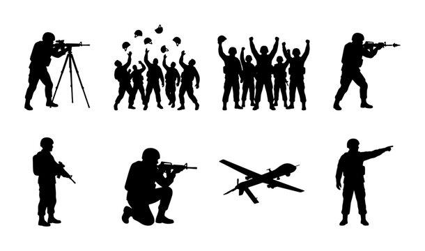 Military soldier silhouettes set, army infantry personnel with rifles and drone vector, special forces combat troops in tactical gear and victory poses