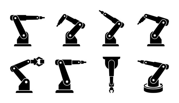 Industrial robotic arm icons set, black mechanical manipulator silhouettes for factory automation, 8 vector engineering machine elements