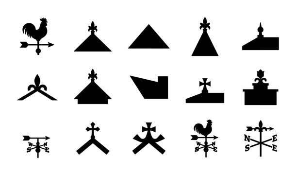 Vintage roof finials and weather vanes silhouette set, 15 architectural decorative elements, antique rooster wind vane and spire icons for building design