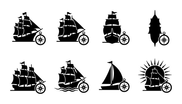 Vintage sailing ship silhouettes with nautical compass icons, set of 8 black maritime vessel vectors, antique tall ship and sailboat graphics for logos