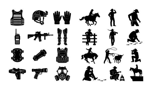 Tactical Gear and Cowboy Silhouette Icons, Military Equipment and Western Rancher Vector Set, 24 Black Flat Icons for Security and Frontier Themes
