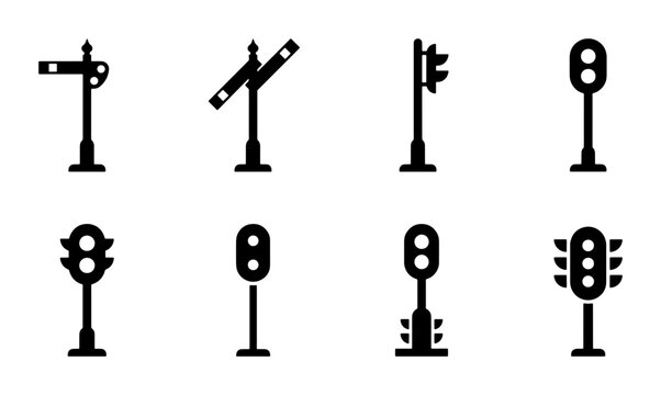Railway signal icon set, black silhouette railroad semaphore and traffic light vector elements, 8 vintage train track signaling symbols for logistics