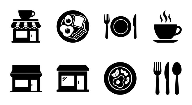 Breakfast and restaurant icon set, black solid vector symbols of cafe storefronts and coffee cups, morning meal plate with eggs and cutlery