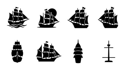 Vintage sailing ship silhouettes, nautical tall ship icons set, black maritime vessel vector graphics, 8 antique boat elements for logo design © Adiba