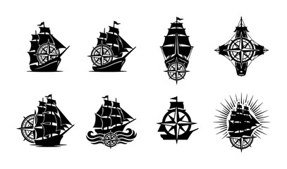 Vintage nautical ship and compass rose icons, set of 8 black sailing vessel silhouettes, maritime adventure logos for travel and marine branding © Adiba