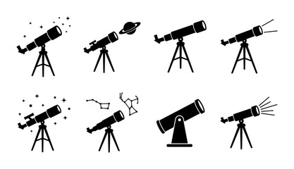 Astronomy telescope icon set, black silhouette telescope symbols on tripod, 8 vector elements for stargazing and space observation © Nurul