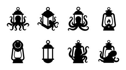 Nautical octopus lantern icons set, vintage marine kraken and oil lamp silhouettes, 8 black sea monster vector elements for logo design © Adiba
