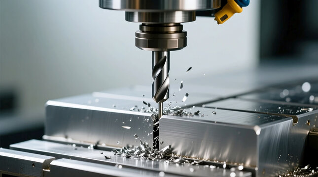 Engineering mechanical workflow Industrial CNC milling machine drilling metal part with flying sparks and shavings Precision metalworking process in factory workshop Automated steel machining
