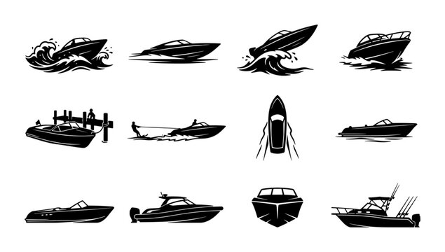 Speedboat silhouette icons set, motorboat and powerboat vector collection, nautical marine vessel graphics for logo design and summer recreation