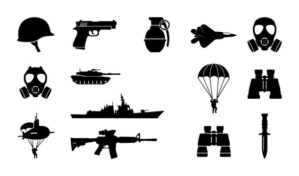 Military silhouette icon set, black army equipment and weapon vector collection, war and defense symbols for tactical infographics and gaming