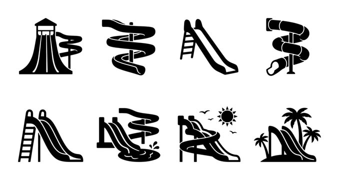 Water slide icon set, black silhouette waterpark slides and playground equipment, collection of 8 vector elements for summer vacation and pool fun