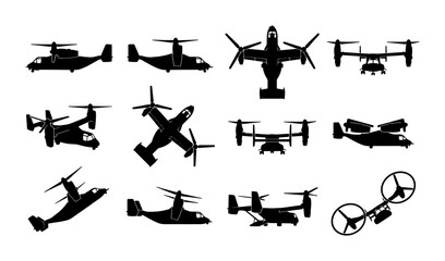 Military tiltrotor aircraft silhouettes, 12 black vector icons of v-22 osprey style planes, vertical takeoff and landing vtol aviation set © Mariya