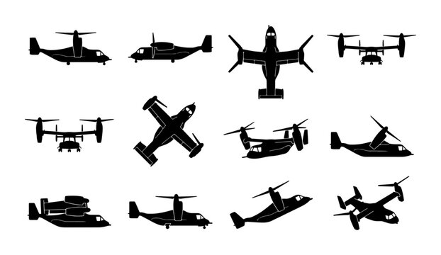 Military tiltrotor aircraft silhouettes, set of 12 v-22 osprey style transport plane icons, black aviation vector graphics for tactical design