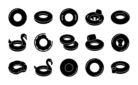 Minimalist inflatable pool ring icons, set of 15 black silhouette swimming floats, summer beach vacation water tube vector collection