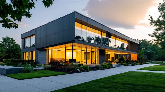 Modern, two-story structure with large windows, surrounded by green lawns, garden beds at dusk
