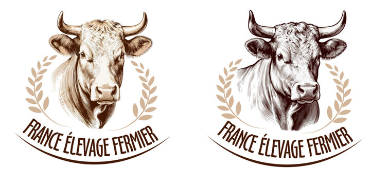 Logo pour &eacute;levage bovin et produits laitiers, illustr&eacute; &agrave; la main dans un style traditionnel et authentique du terroir