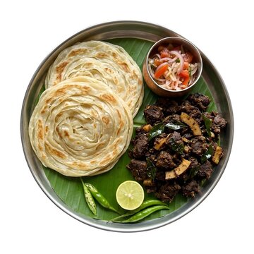 Kerala Porotta with Beef Fry Street Style Food Realistic Photography Authentic Malabar Dish 1:1 isolated on white background