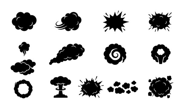 Comic smoke clouds and explosion effects set, black silhouette steam and dust elements, 13 cartoon blast and puff icons for motion graphics