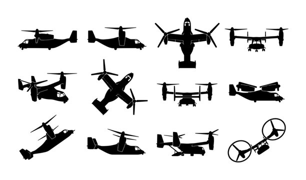 Military tiltrotor aircraft silhouettes, 12 black vector icons of v-22 osprey style planes, vertical takeoff and landing vtol aviation set