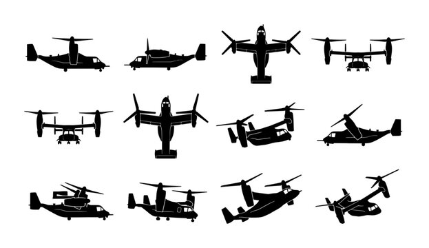 Military tiltrotor aircraft silhouettes, set of 12 v-22 osprey vector icons, black military transport plane shapes, tactical aviation silhouettes
