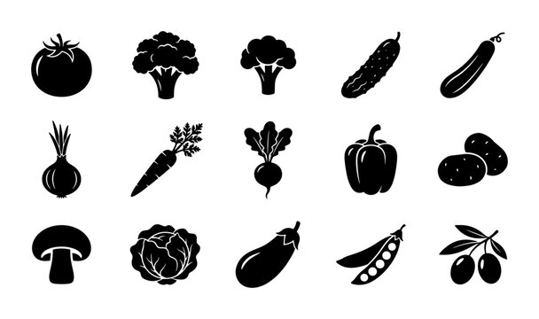 Black vegetable icon set with 15 flat vector elements, organic food silhouettes for grocery branding, fresh garden produce symbols for menu design